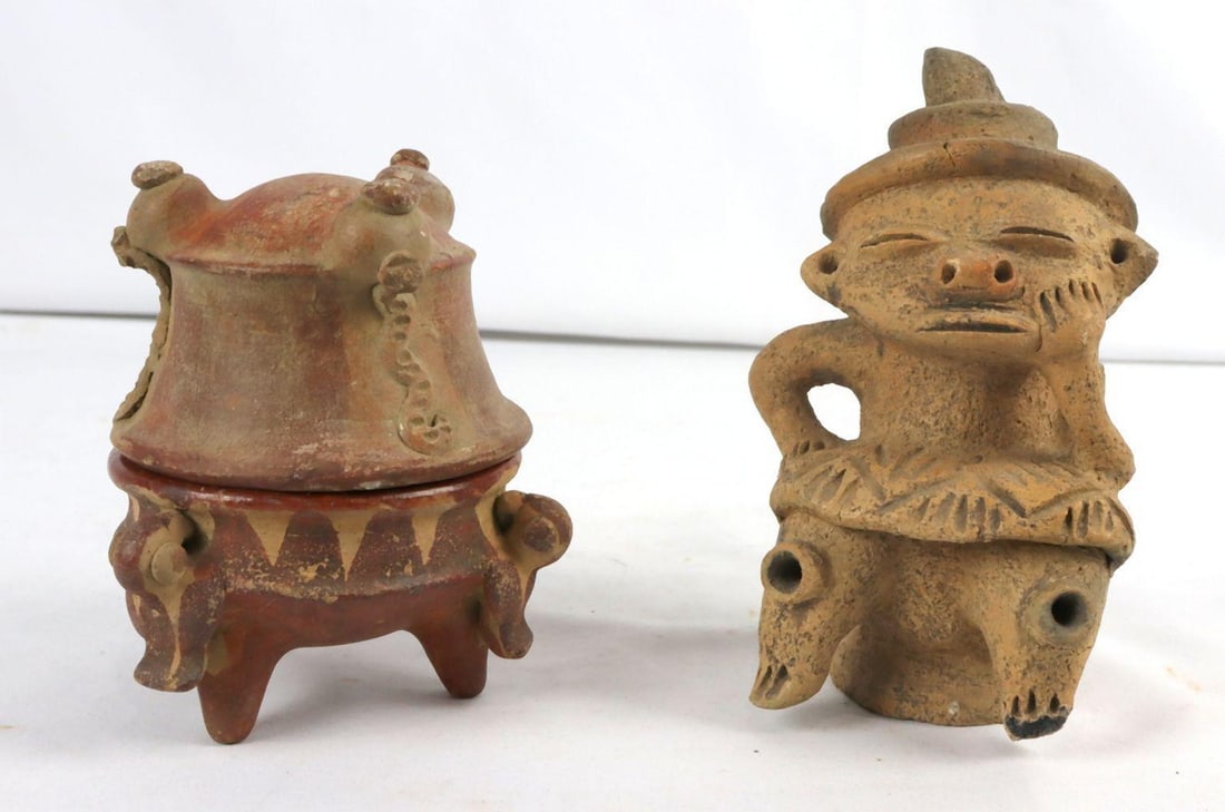 Pair of Clay Sculptures: Pair of Clay Sculptures 20th Century Gnome: 6" H x 4" W x 3" D; Mortar: 5" H x 3 1/4" Dia. A pair of clay sculptures, including one modeled as a gnome figure with stylized features
