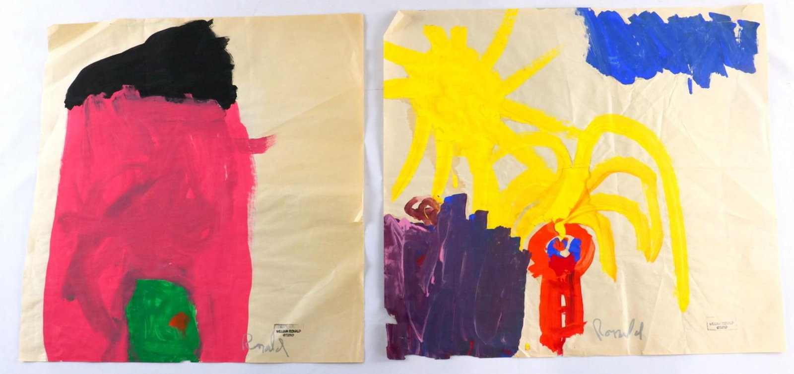 In the Manner of William Ronald Abstract Acrylic Paintings on Paper: In the Manner of William Ronald (Canadian, 1926–1998) Pair of Abstract Expressionist Acrylic Paintings on Paper Work 1 measures approx. 18" H x 20" W. Work 2 measures approx. 18" H x