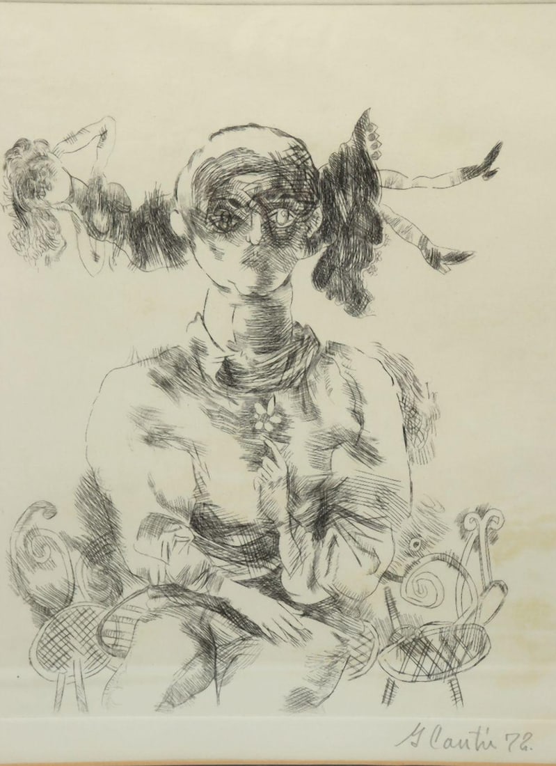 Gerardo Cantú (Mexican, 1934–2008) "La Celestina" Etching: Gerardo Cantú (Mexican, 1934–2008) La Celestina 1972 Etching 11 1/4" H x 10 1/4" W 19 1/4" H x 17 1/4" W framed An etching titled “La Celestina,” presenting a