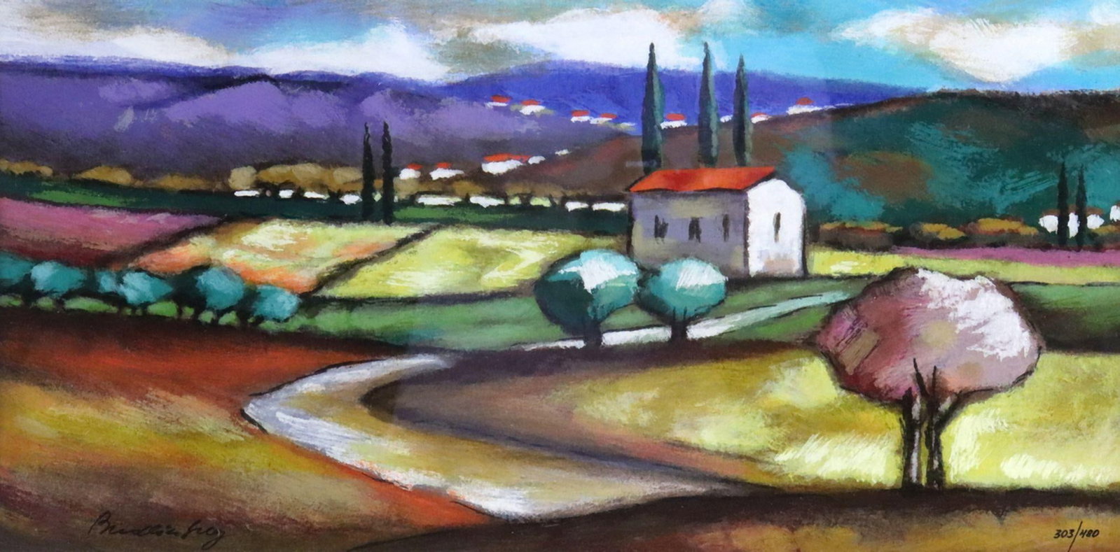 Slava Brodinsky "Beach Front Farm and Silver Town" Serigraph: Slava Brodinsky (Russian, b. 1955) Beach Front Farm and Silver Town Serigraph 19" H x 28" W A serigraph titled “Beach Front Farm and Silver Town,” presenting a stylized landscape c