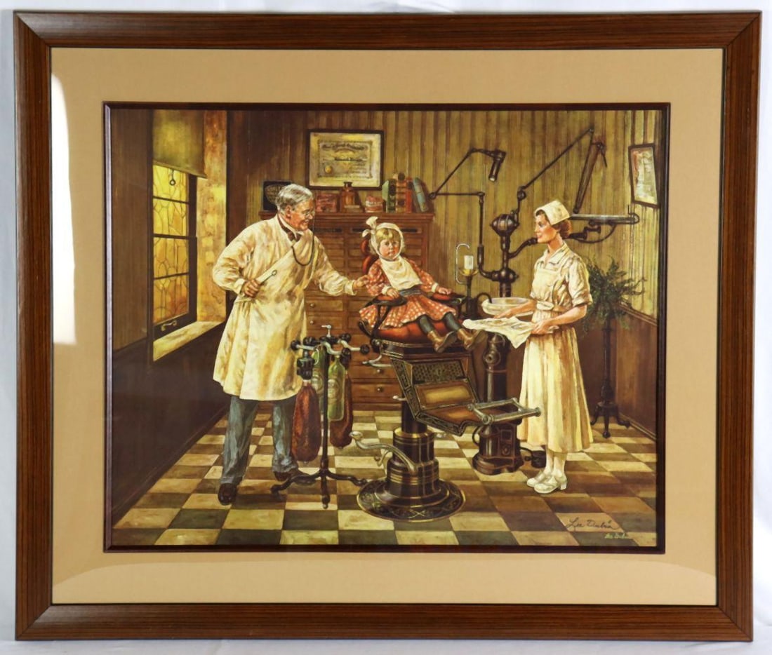 Lee Dubin Dentist Office Art Print, Framed: Lee Dubin (American, 20th century) Dentist Office Scene Art Print 20th century 34" H x 39" W A framed art print depicting a nostalgic dentist office scene, showing a nervous child seated in a 