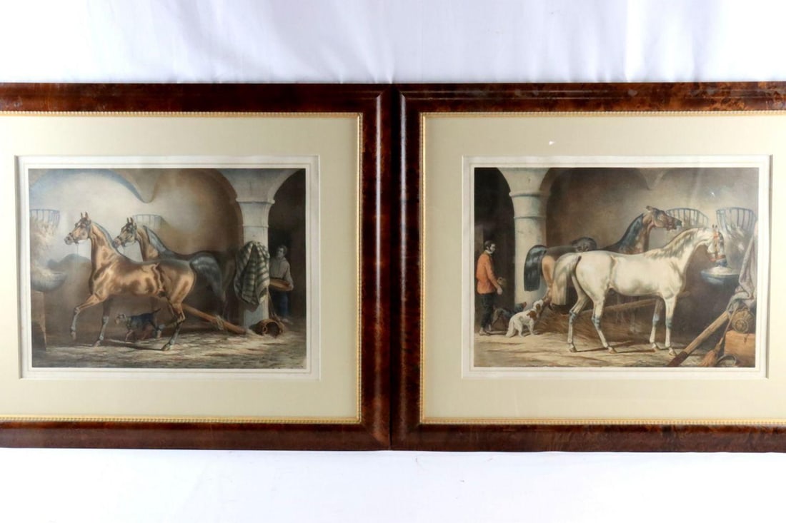 Pair of 19th C. G. Dammond Horse Stable Scene Lithographs: G. d’Ammond (French, mid-19th century) A Pair of Stable Scenes Hand-colored lithographs on wove paper Each signed in the plate; printed by Imp. Lemercier, rue de Seine 57, Paris Mid-19th