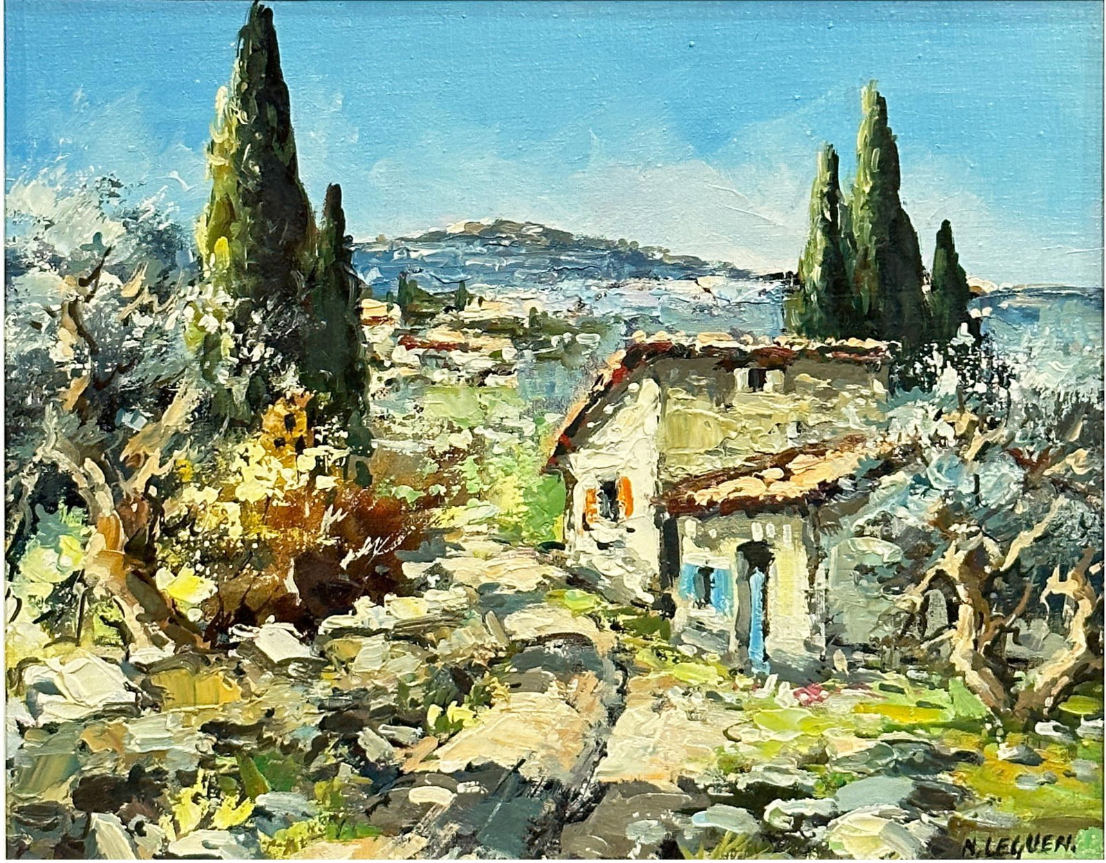 N. Leguen Landscape Oil on Canvas: N. Leguen (French, 20th century) Landscape with House, Oil on canvas Signed 20th century 10" H x 8" W 14" H x 12" W framed A framed oil on canvas depicting a landscape scene with a