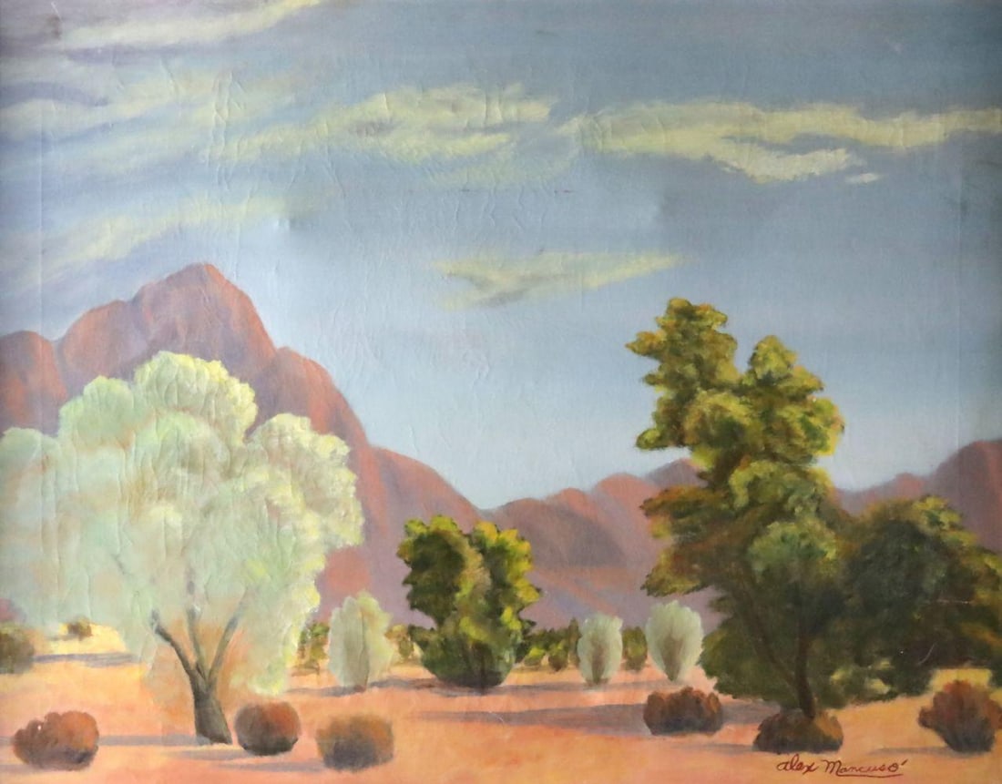Signed Alex Mancuso (20th C.) Landscape Oil Painting on Canvas: Alex Mancuso (American, 20th century) Landscape Oil on canvas Signed and dated 1963 lower right 1963 32" H x 27" W An oil painting depicting a landscape scene, rendered with painterly brushwor