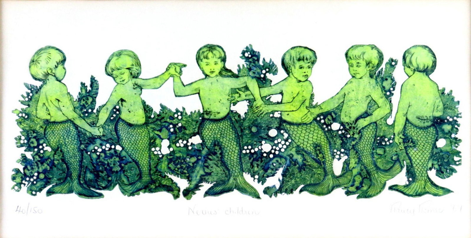 Nancy Nemec "Nereus Children" Lithograph: Nancy Nemec "Nereus Children" Lithograph, signed bottom right "Nancy Nemec", numbered bottom left 40/150, dated 1969. Frame Measurement: 23"W X 16"H. Total Measurement: 14