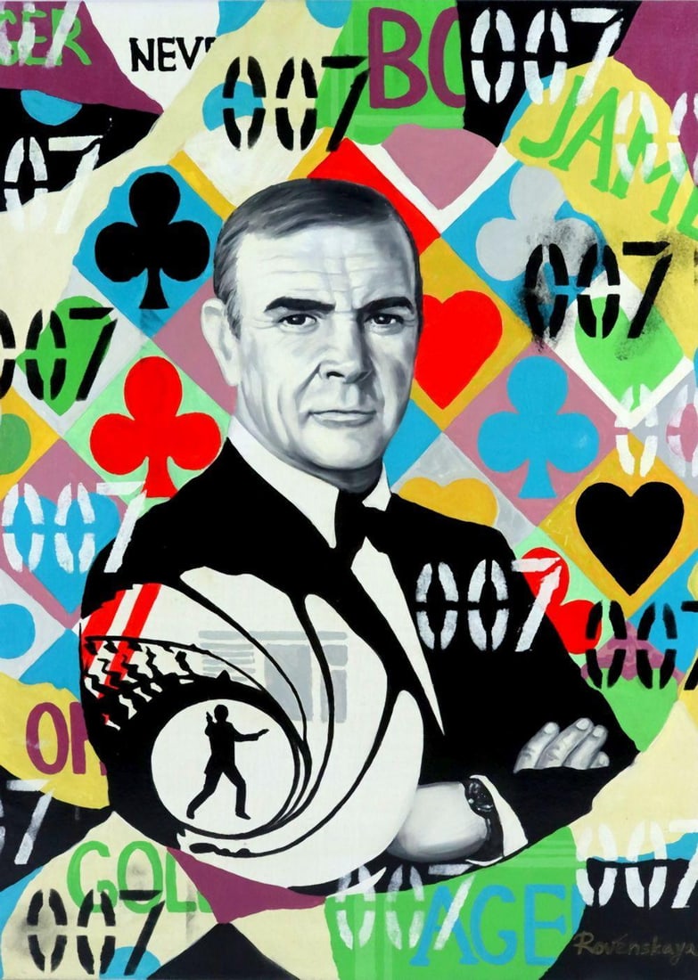 Nastya Rovenskaya "James Bond" Acrylic Painting on Canvas: Nastya Rovenskaya “James Bond” Acrylic Painting on Canvas 24" W x 30" H An acrylic painting on canvas titled “James Bond” by Nastya Rovenskaya, signed at the lower