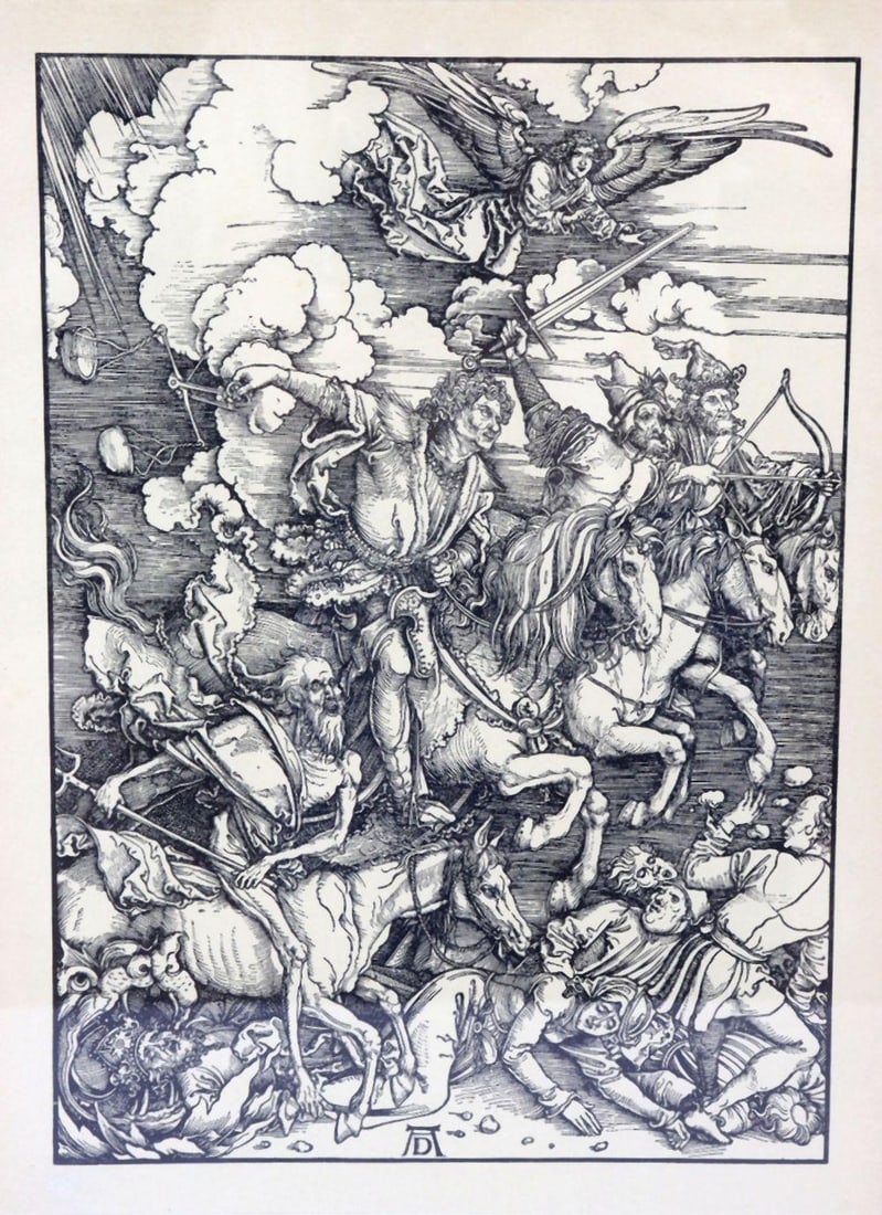 Albrecht Durer "Four Horsemen of the Apocalypse" Woodcut Engraving: Albrecht Dürer (German, 1471–1528) The Four Horsemen of the Apocalypse 19th Century Woodcut Engraving 12" H x 9" W (16" H x 20 1/2" W framed) A 19th century woodcut engravin
