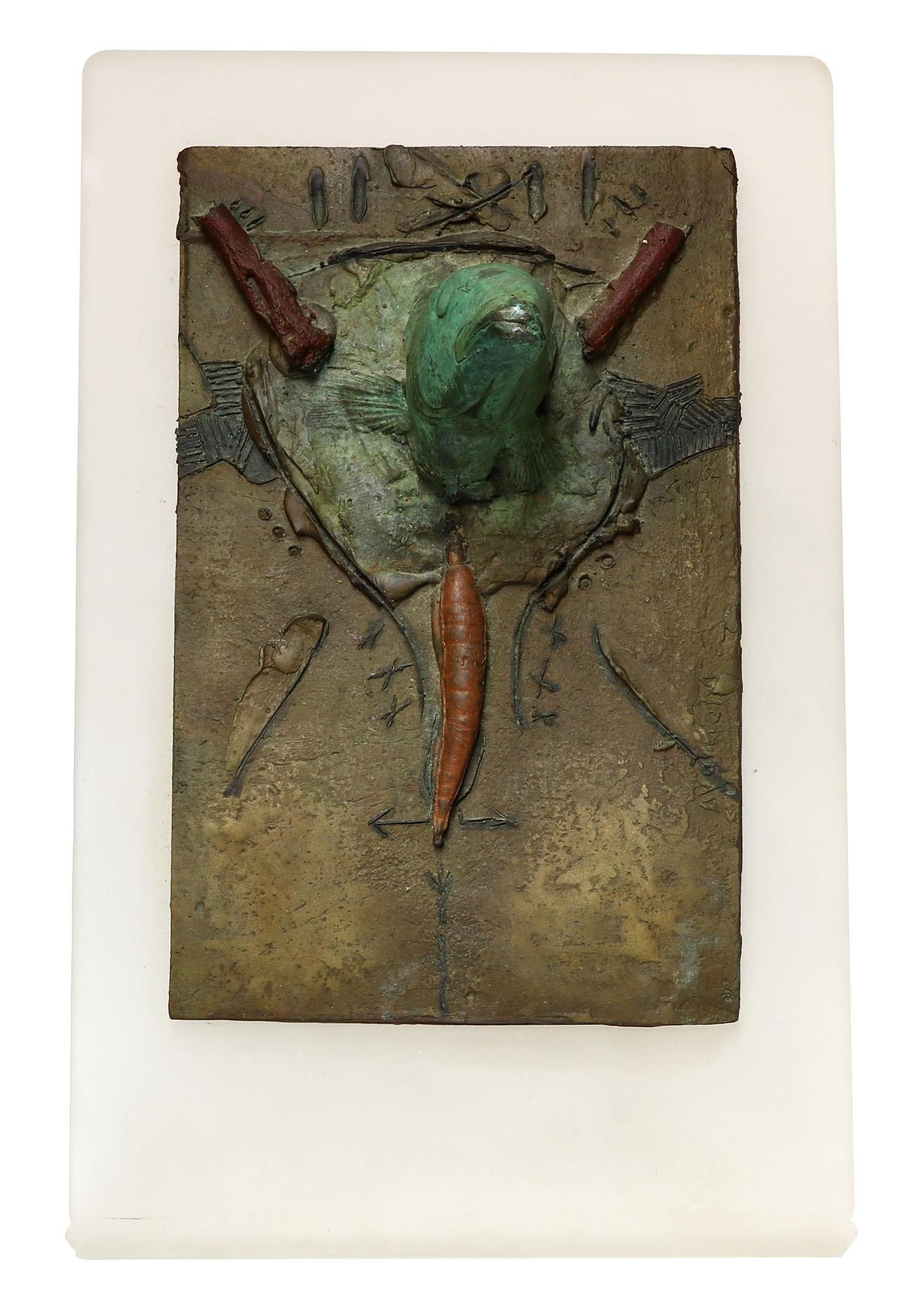 Luis Montoya (American, 20th century) Fish Relief Bronze: Luis Montoya (American, 20th century) Fish, circa 1988 Bronze: 11.5" H x 7.25" W Stand: 14" H x 16" W x 10" D A bronze sculpture depicting a stylized fish form, mounted on an acryl