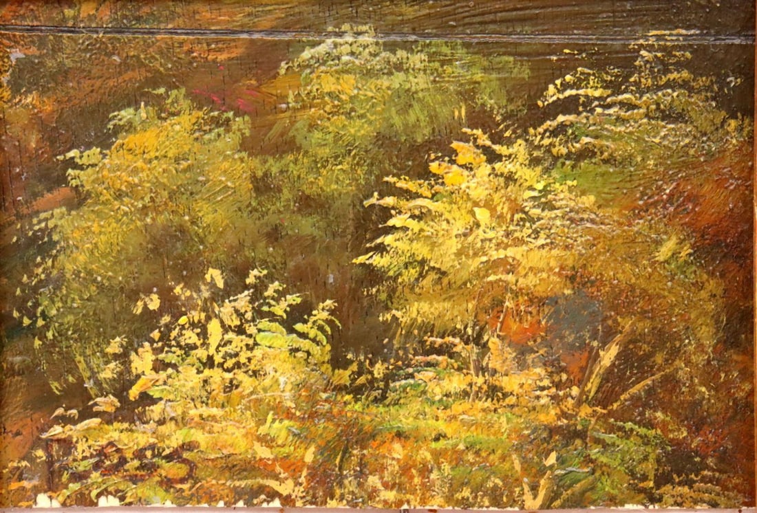 In the Manner of Bob Ross Landscape Oil Painting on Panel: In the Manner of Bob Ross (American, 1942–1995) Landscape Oil on panel 6" H x 8" W Signed lower left. The composition depicts a tranquil landscape scene with softly blended forms and nat