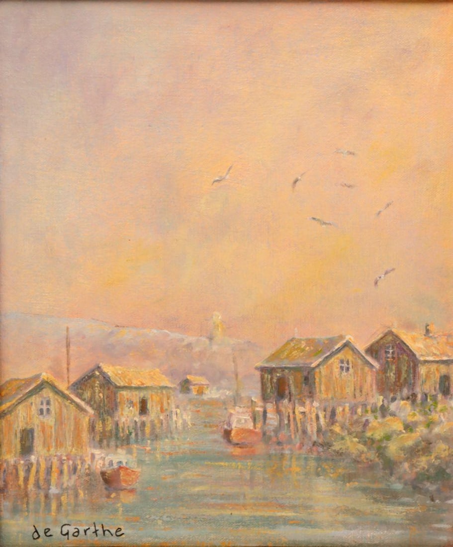 In the Manner of William E. De Garthe "Misty Morning, Peggy's Cove" Oil Painting on Canvas: In the Manner of William E. deGarthe (Canadian, 1907–1983) Attr. “Misty Morning, Peggy’s Cove” Oil on canvas 13" H x 11" W Signed lower left. The composition depicts a 