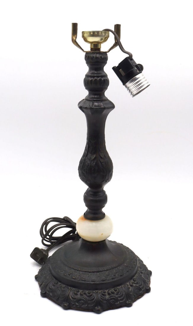 20th C. Bronze and Cut Stone Lamp: 20th Century Bronze and Cut Stone Lamp 14 1/2" H x 6" W x 6" D 20th century table lamp composed of bronze and cut stone elements with a classical baluster-form body and square base. Lamp i