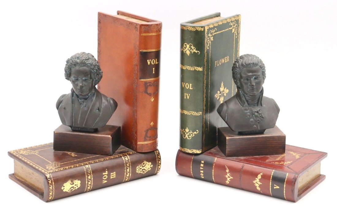 Vintage Italian Bronze Busts & Leather Bookends: Vintage Italian Bronze Busts & Leather Bookends. "Beethoven" and "Mozart" busts made by A. Gianelli, signed on both. Made in Italy book ends. Measures approx. - 9" high x 8"