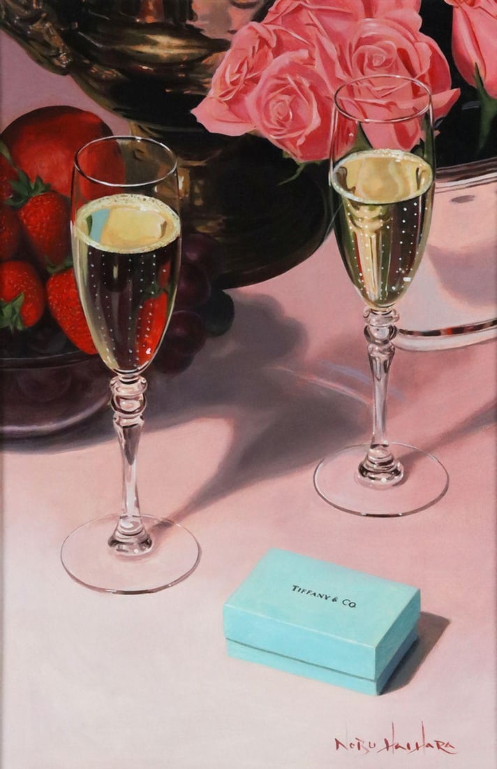 Nobu Haihara (Japanese-American, b. 1959) "Champagne & Pink Roses" Oil on Canvas: Nobu Haihara (Japanese-American, b. 1959) Champagne & Pink Roses Oil on canvas Measurements: 23 1/2” H x 15 1/2” W (canvas); 34 1/8” H x 25 1/2” W (framed) A photorealistic