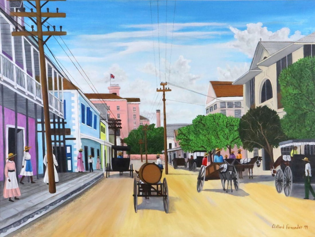 Clifford Fernander (Haitian, 1912–2002) Oil on Canvas: Clifford Fernander (Haitian, 1912–2002) Street Scene Oil on Canvas Measurements approx. - 29 1/8” H x 39 1/4” W. Total with frame approx. - 39 3/4” H x 49 1/2” W. Colorfu