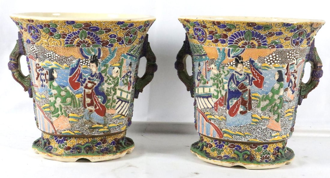 Pair of Japanese Satsuma Earthenware Jardinieres (1 of 6)