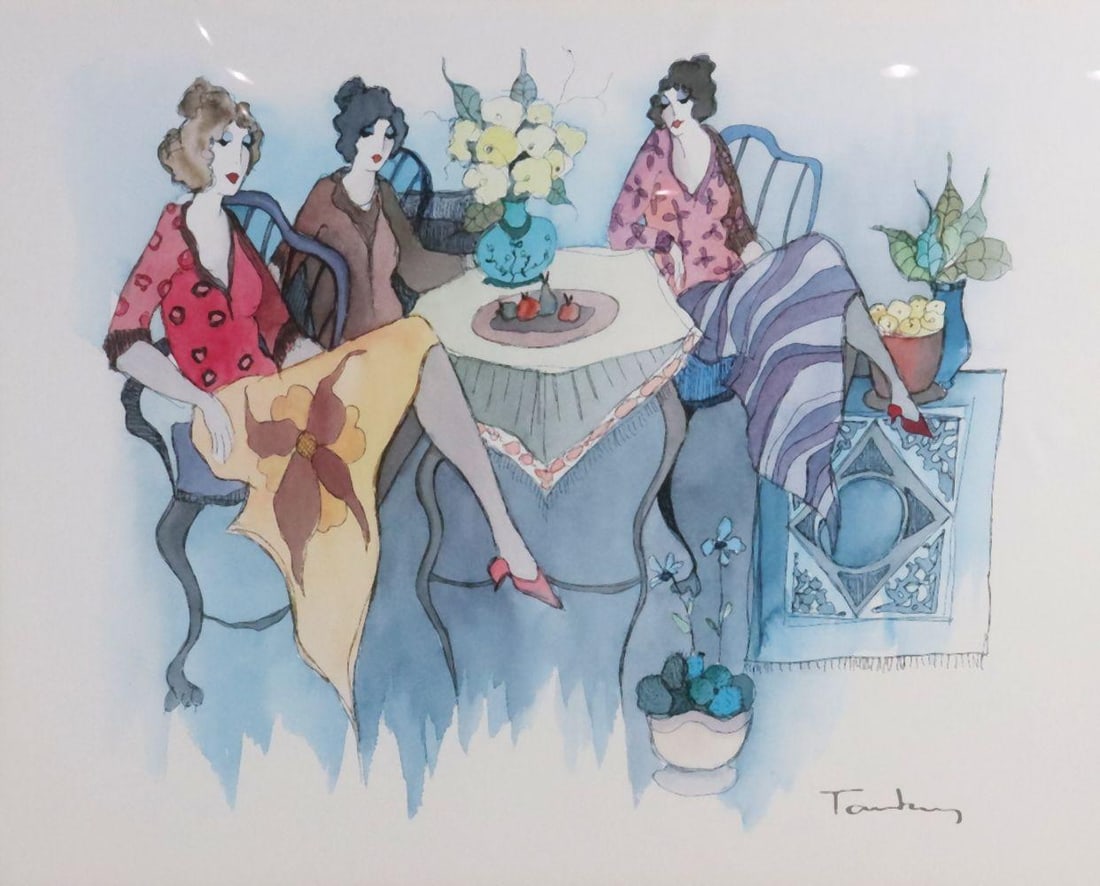Itzchak Tarkay (Israeli, 1935–2012) "Blissful Moments" Seriolithograph: Itzchak Tarkay (Israeli, 1935–2012) Blissful Moments Seriolithograph Measurements: 30 1/8” H x 35” W (framed) A seriolithograph depicting three elegantly dressed women gathered aroun