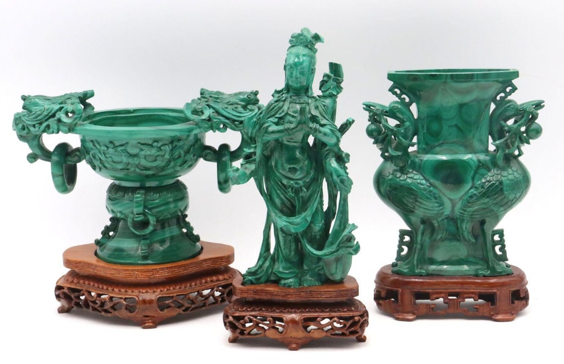 Lot of Three Carved Malachite Chinese Sculptures (1 of 9)