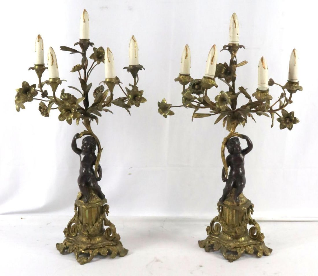 Pair of 19th C. Bronze Putti Candelabras (1 of 6)