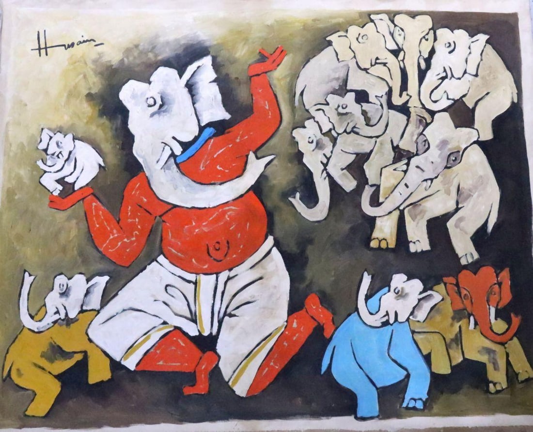 Attr. Maqbool Fida Husain (Indian, 1915–2011) Acrylic Painting on Canvas: Attributed to Maqbool Fida Husain (Indian, 1915–2011) Acrylic on Unstretched Canvas 51" W x 42" H. Acrylic painting on unstretched canvas depicting a stylized figural composition execute