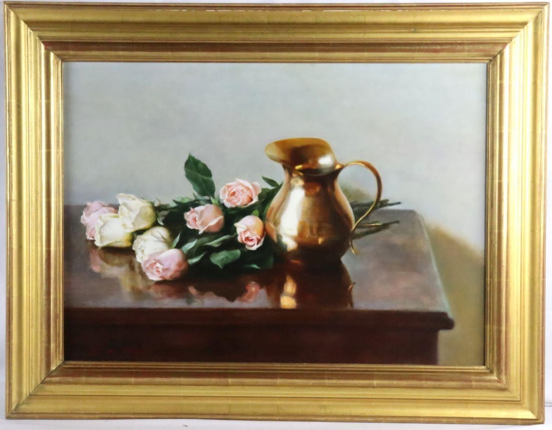 Chen Yiming (Chinese, b. 1959) "Pink Rose with Brass Pitcher" Oil on Canvas - 2