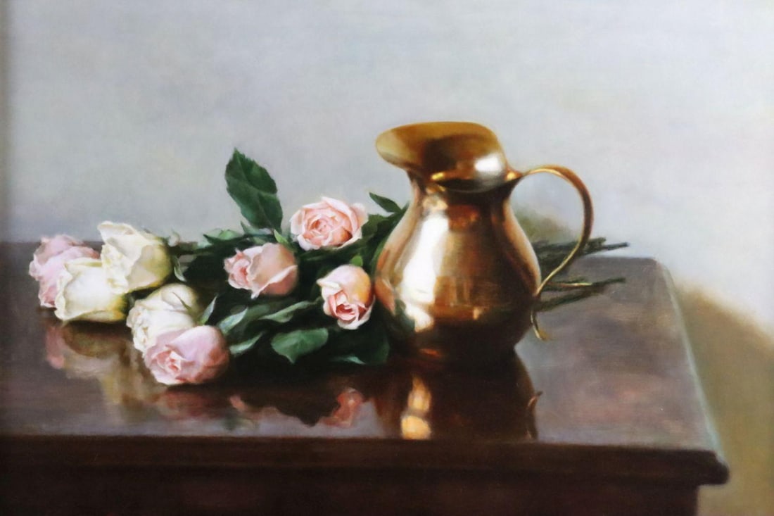 Chen Yiming (Chinese, b. 1959) "Pink Rose with Brass Pitcher" Oil on Canvas - 3