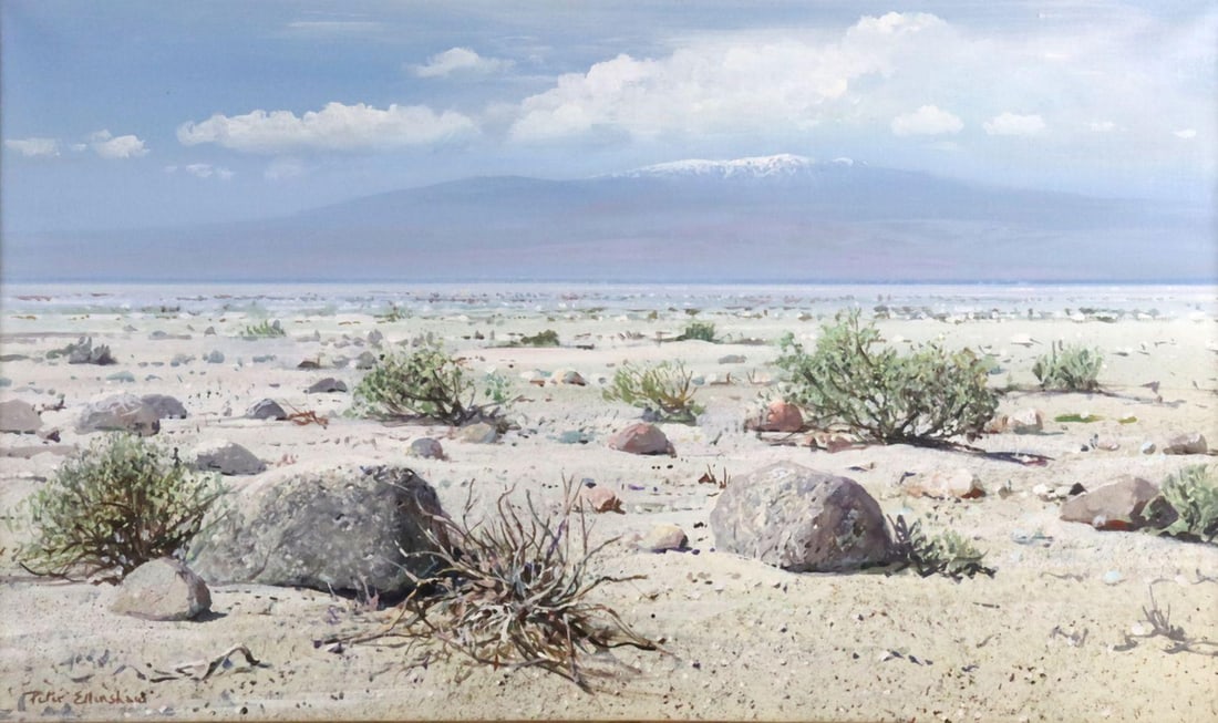 Peter Ellenshaw (American, 1913–2007) Oil on Canvas: Peter Ellenshaw (American, 1913–2007) Untitled Desert Landscape Oil on Canvas Measures approx. - 18” H x 30” W. Total measurements with frame approx. - 26” H x 38” W. A