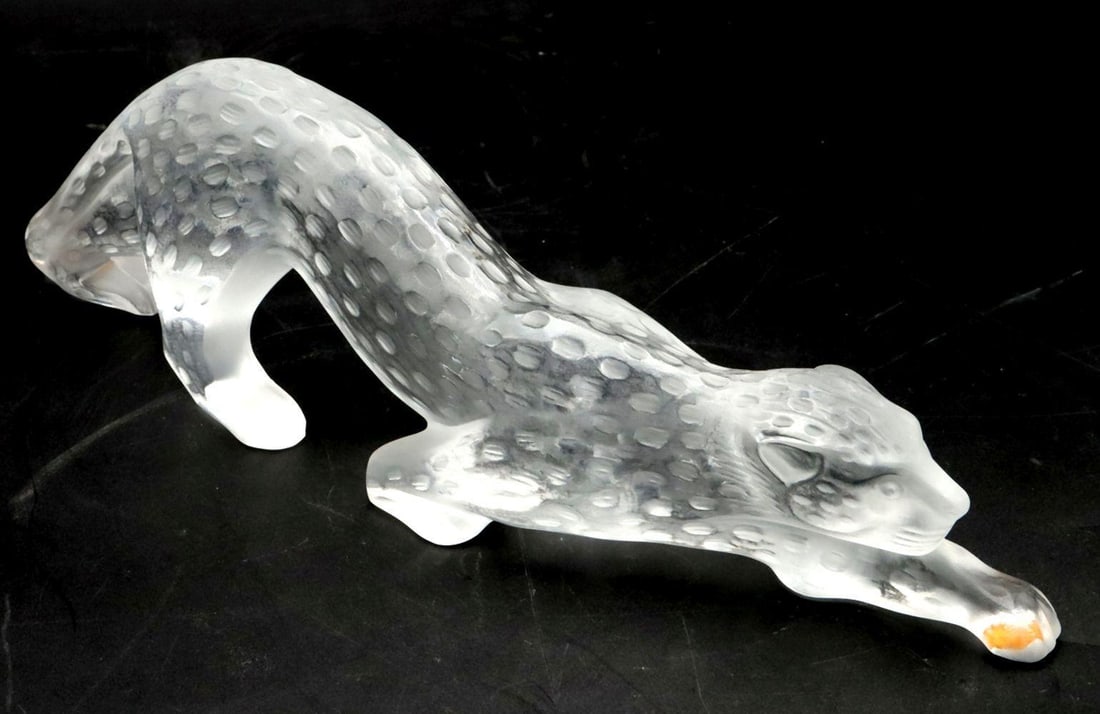 Lalique “Zeila” Crystal Leopard Sculpture: Lalique “Zeila” Crystal Leopard Sculpture. Measures approx. - 15” L x 4 3/4” H. A frosted crystal sculpture depicting a stalking leopard in Lalique’s celebrated