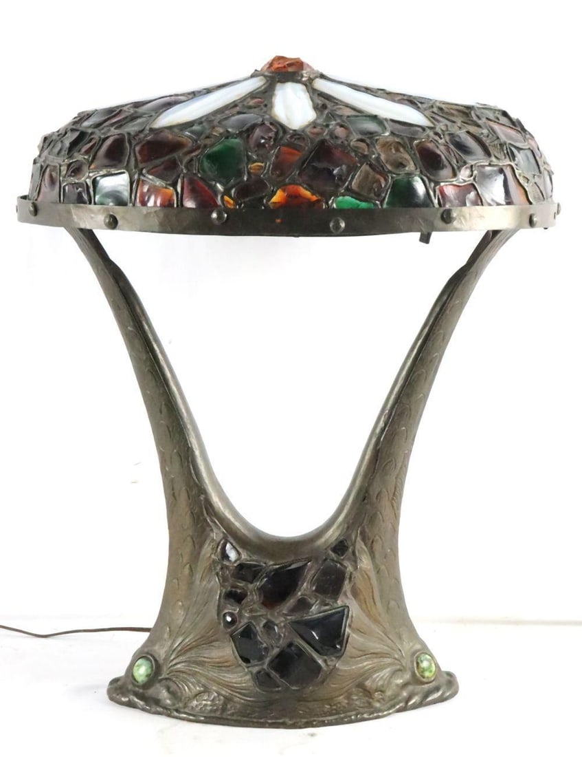 Attr. to Austrian Art Nouveau Jeweled Leaded Glass Table Lamp: Attributed to Austrian Art Nouveau Jeweled Leaded Glass Table Lamp Measures approx. - 25” H x 19 1/2” Dia. An early 20th-century Art Nouveau-style table lamp featuring a domed leaded glass