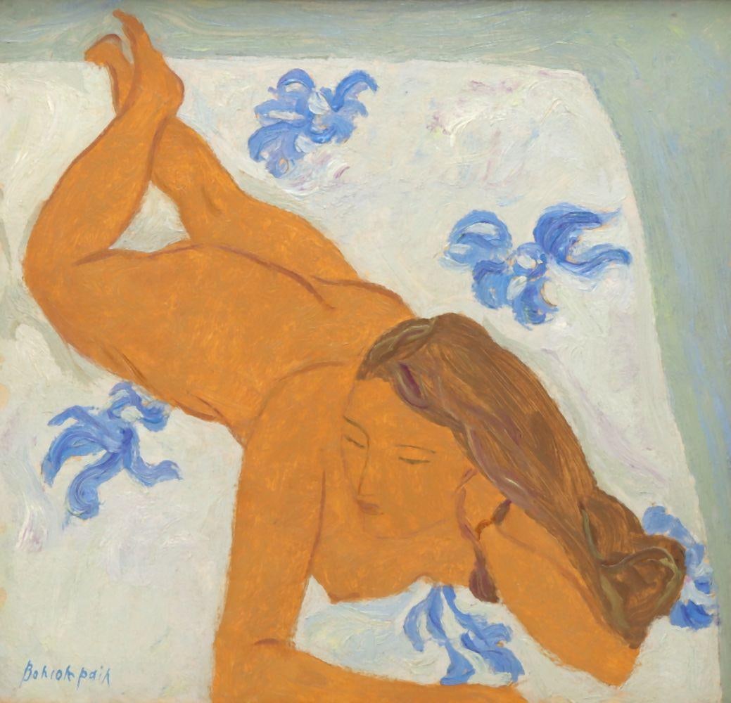 Pierre Boncompain (French, b. 1938) "Reclining Nude with Irises" Oil on Board: Pierre Boncompain (French, b. 1938) Reclining Nude with Irises Oil on Board Measures approx. - 12 1/4” H x 12 3/4” W. Total measurements with frame approx. - 17 1/4” H x 17 3/4”