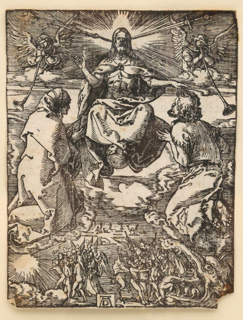 Albrecht Durer "The Last Judgement" Woodcut Engraving on Paper: Albrecht Dürer (German, 1471–1528) "The Last Judgement" from the "Small Passion" Series Woodcut Engraving on Paper Engraving measures approx. - 3 3/4" W x 5" H. Tota
