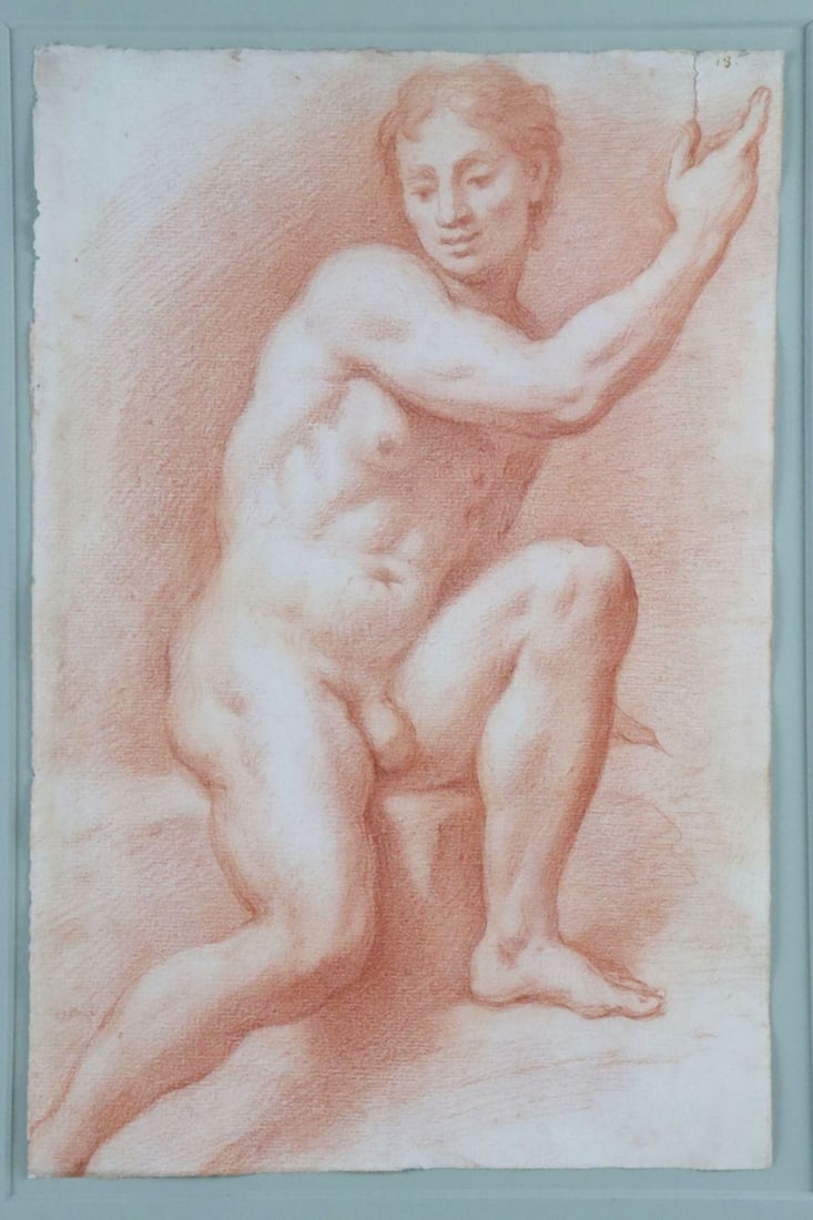 19th C. Sanguine Anatomy Study: 19th C. Sanguine Anatomy Study on Paper 21 1/2" W x 28" H. A 19th-century sanguine anatomy study depicting the human figure with careful attention to musculature and anatomical form. Executed 