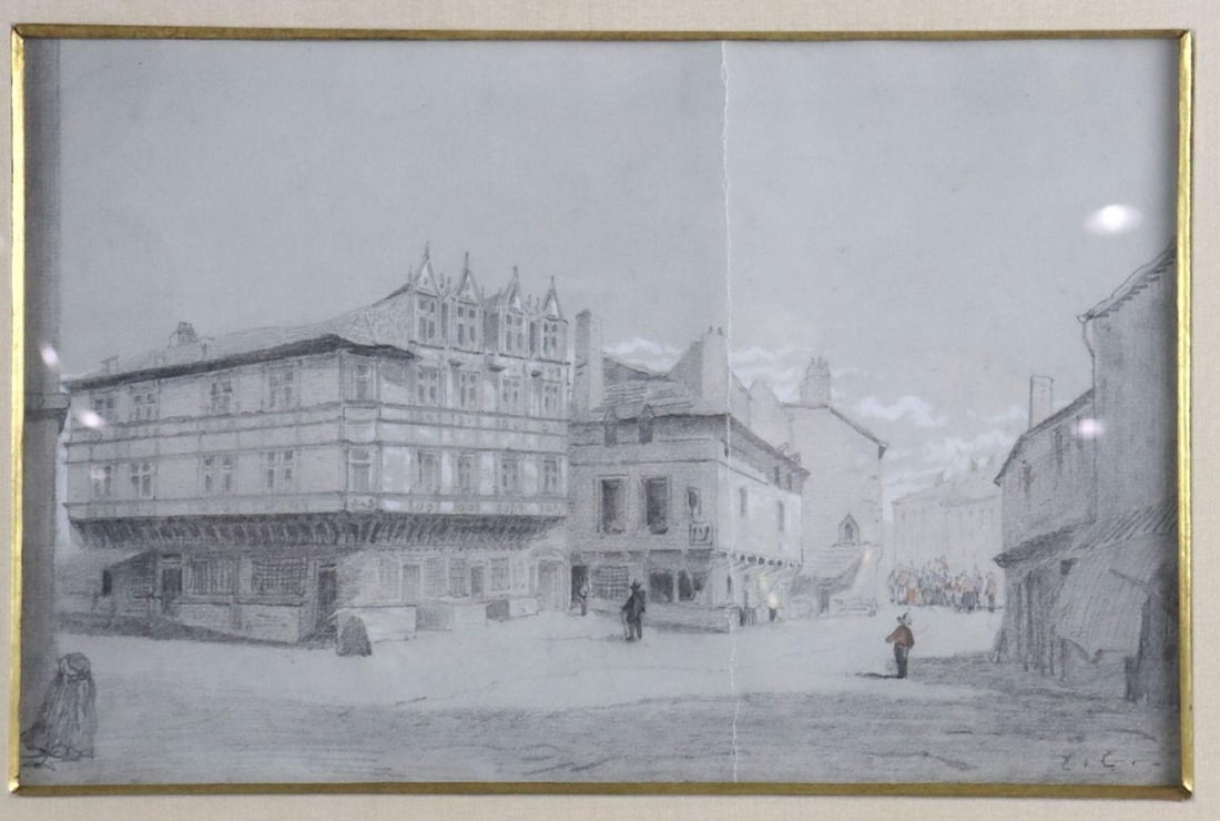 European School "Architectural Street Scene" Graphite Drawing on Paper (1 of 4)