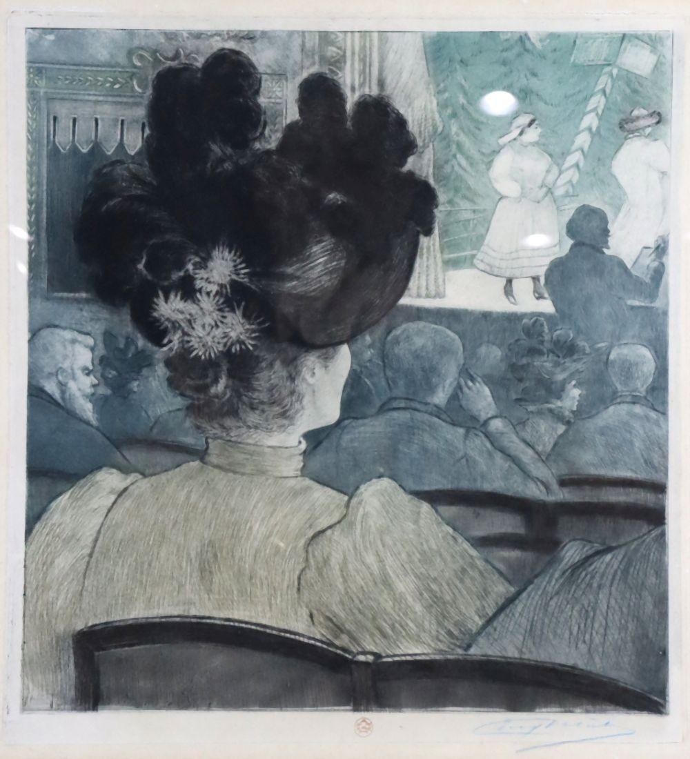 Eugene Delatre "Au Theatre" Original Etching & Dry Point on Paper: Eugène Deltre (French, 1864–1938) "Au Thétre" Original Etching & Drypoint on Paper 11" W x 12" H. With frame - 23" W x 24 1/2" H. Eugène Deltre's &