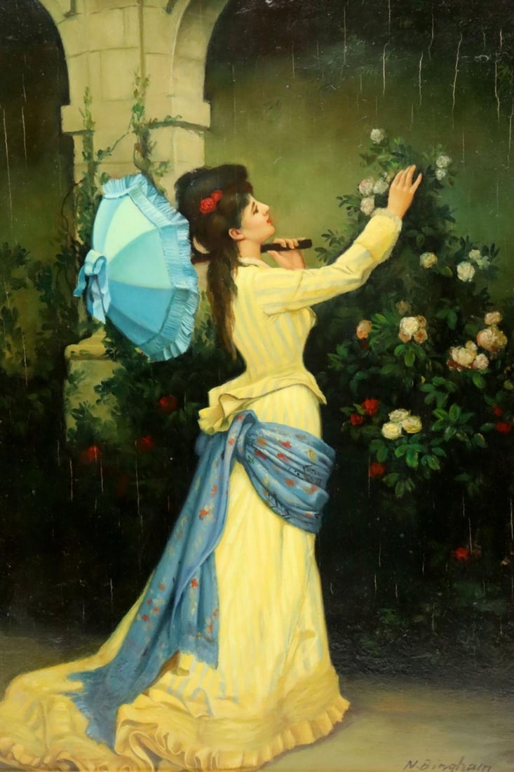 N. Bingham Oil Painting on Board: N. Bingham Untitled Garden Scene Oil on Board Total measurements with frame approx. - 23 1/2” H x 19 1/2” W. Depicting a young woman in a yellow dress holding a blue parasol while admiring