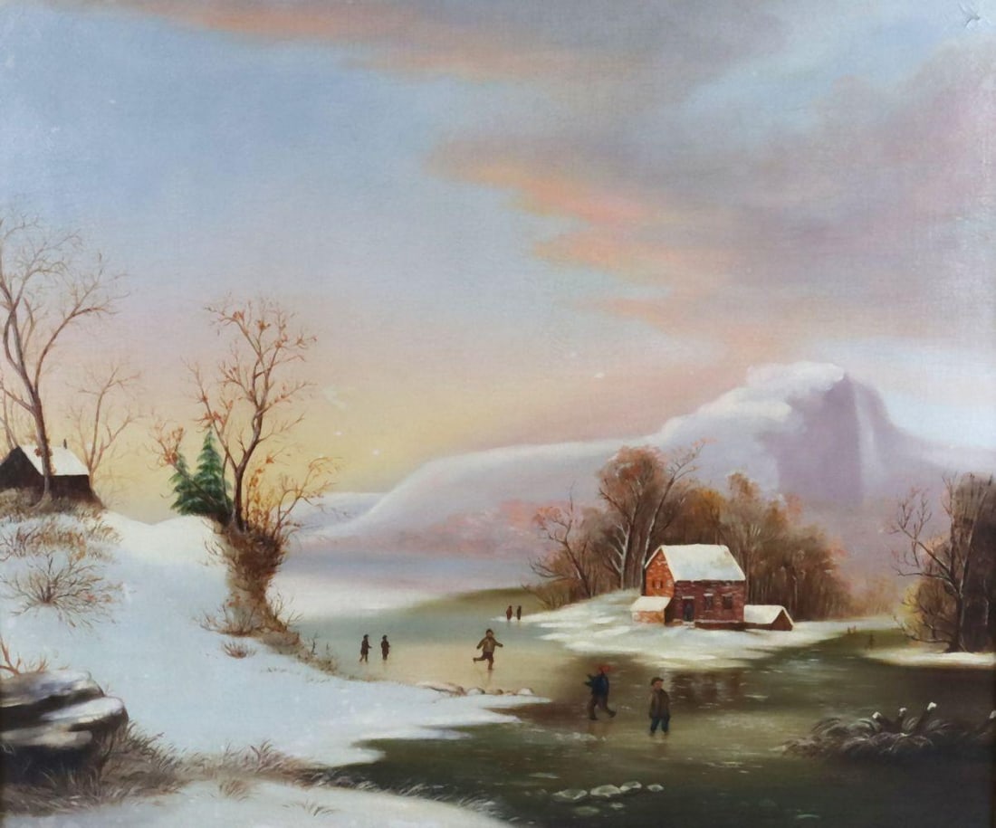 19th C. European Winter Landscape Oil on Canvas: 19th C. European Winter Landscape Oil on Canvas Measures approx. - 24 1/2” H x 29 1/4” W. Total measurements with frame approx. - 29 1/2” H x 35” W. Depicting a tranquil