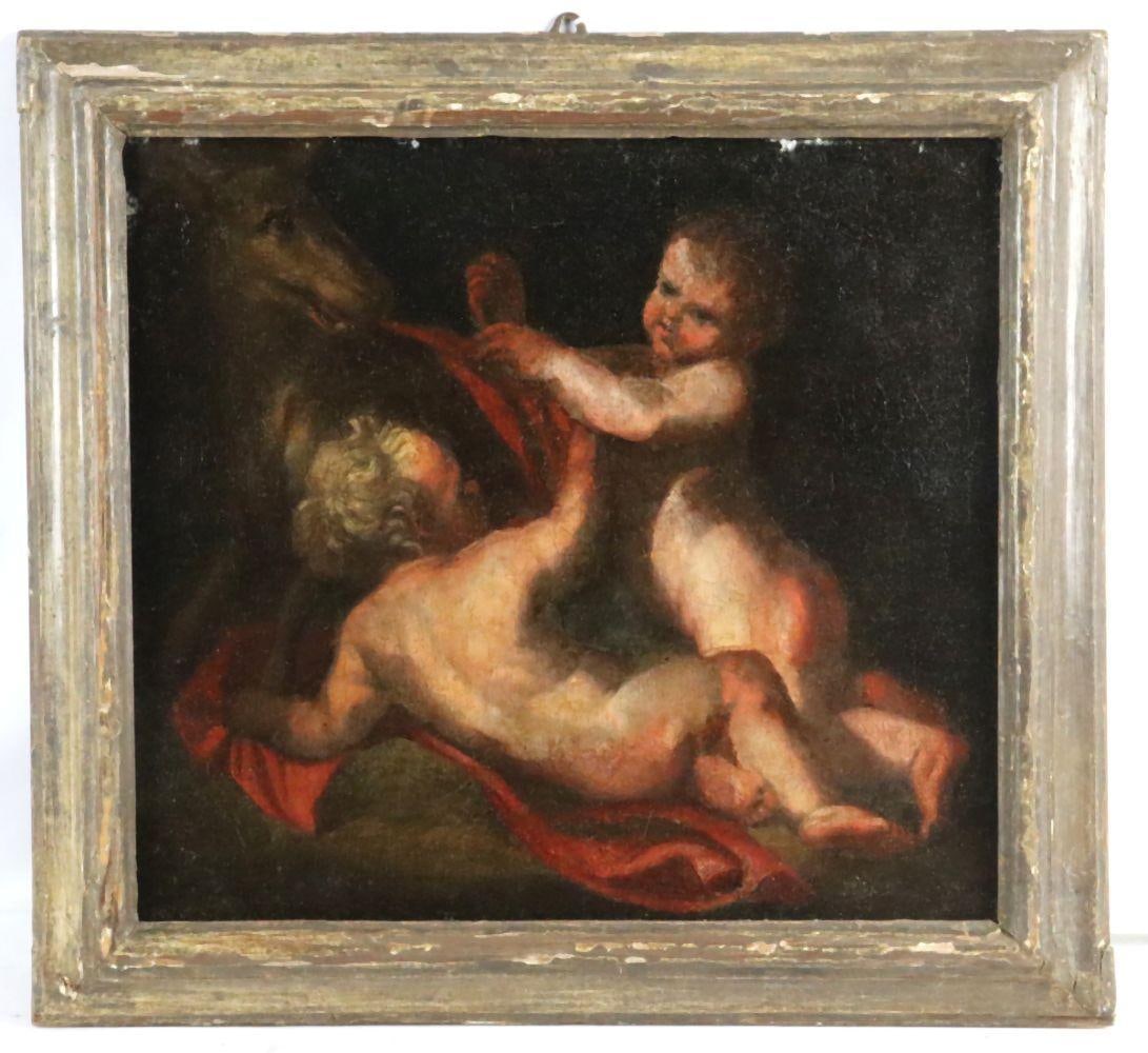 19th C. European School "Romulus and Remus" Oil on Canvas: 19th C. European School Romulus and Remus Oil on Canvas Measures approx. - 13 3/4” H x 15 3/4” W. Total measurements with frame approx. - 18” H x 19 1/2” W. Depicting the legen