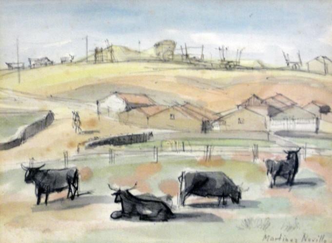 Martinez Novillo "Farm Animals" Painting: Martinez Novillo (Spanish, 1921-2008) Oil Paint On Board Original 16 x 18 inches Frame Size: 21" x 19.5" Hand signed. Artwork is in excellent condition. Certificate of Authenticity includ