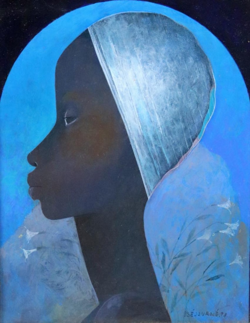 Bernard Sejourne Oil Painting on Board: Bernard Sejourne (Haitian, 1947–1994) 15.75" H x 13.75" W (framed) Oil Painting on Board depicting the profile of a woman with lilies in the background. Have a similar item to sell? Cont