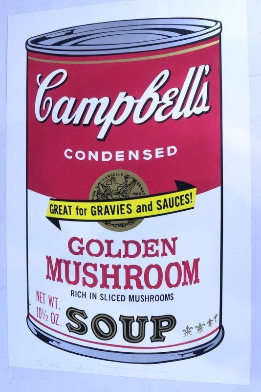 After Andy Warhol "Golden Mushroom Soup" Print: After Andy Warhol (American, 1928–1987) Untitled Screenprint on paper; pencil signed, dedicated “to Pete” Sheet: 35" H x 23" W A screenprint after Andy Warhol, signed in penc