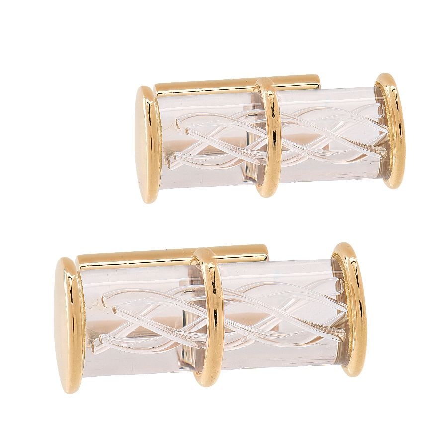 Glass Helix Yellow Gold Cuff Links: Glass Helix Yellow Gold Cuff Links Crafted in 14 karat yellow gold, these distinctive cufflinks showcase mesmerizing glass helixes suspended within clear glass chambers, creating a dynamic sense of mo