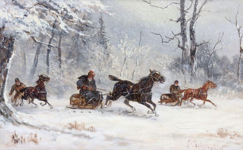 Jan Van Chelminski "Untitled" Oil on Canvas: Jan Van Chelminski (Polish, 1851–1925) "Untitled", 1898 Oil on Canvas Image: 7" H x 12" W Frame: 22" H x 27.5" W Signed by the artist. Provenance: Prominent Naples Estate. Condition: Very good cond