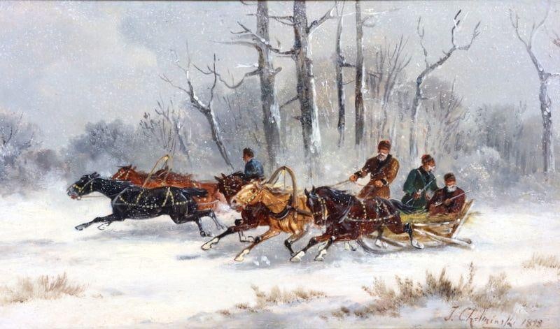 Jan Von Chelminsky "Untitled" Oil on Canvas: Jan Von Chelminsky (Polish, 1851–1925) "Untitled", 1898 Oil on Canvas Image: 7" H x 12" W Frame: 22" H x 27.5" W Signed by the artist. Provenance: Prominent Naples Estate. Condition: Very good condi