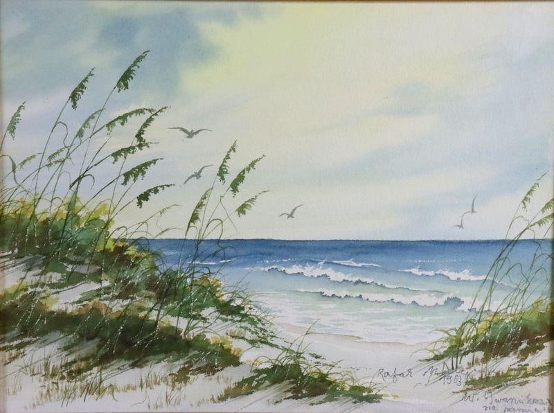 Rafal Malczewski "Untitled (Shore Scene)" Watercolor on Paper: Rafal Malczewski (Polish, 1892–1965) "Untitled (Shore Scene)," 1963 Watercolor on Paper Image: 10.75" H x 14.25" W Frame: 18" H x 21.75" W Signed by the artist. Provenance: Prominent Naples Estate. 
