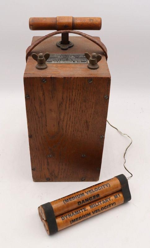 Antique Fidelity Electric Company Blasting Machine: Fidelity Electric Company (American), Lancaster, Pennsylvania Blasting Machine Wood, Leather and Metal 14.25" H x 6.5" W x 8.25" D Vintage blasting machine with leather handle and metal