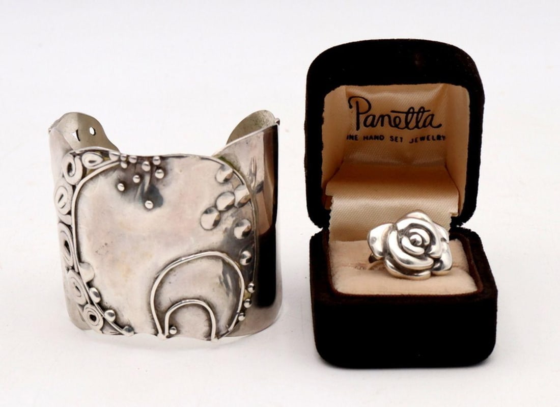 Pair of Sterling Silver Bracelet & Rings: Sterling Silver Bracelet & Ring, Pair Each stamped "Sterling" or "925" Largest: 2.5" W x 2.5" D; smallest: 1" H x 1" W Total weight: 2.53 troy oz. Overall Good