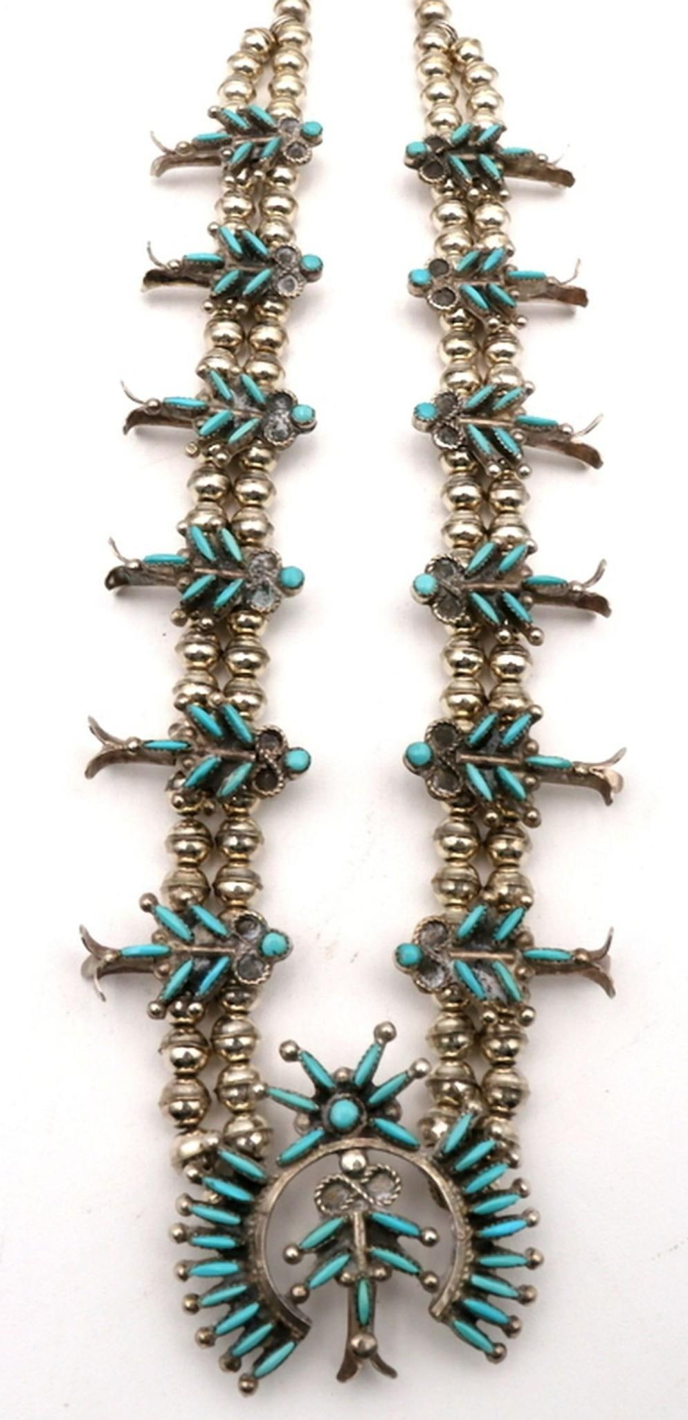 Vintage Zuni Needlepoint Turquoise & Sterling Squash Blossom Necklace (1 of 5)