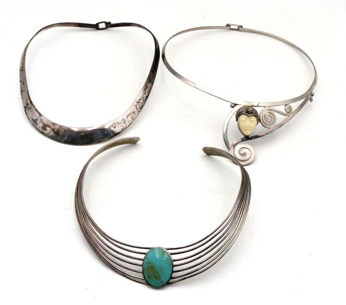 Lot of 3 Assorted Sterling Silver Choker Necklaces: Assorted Sterling Silver Choker Necklaces, Lot of 3 Each stamped "925" Each: 5.5" Diameter Total weight: 4.78ozt Overall Good condition. Have a similar item to sell? Contact us at