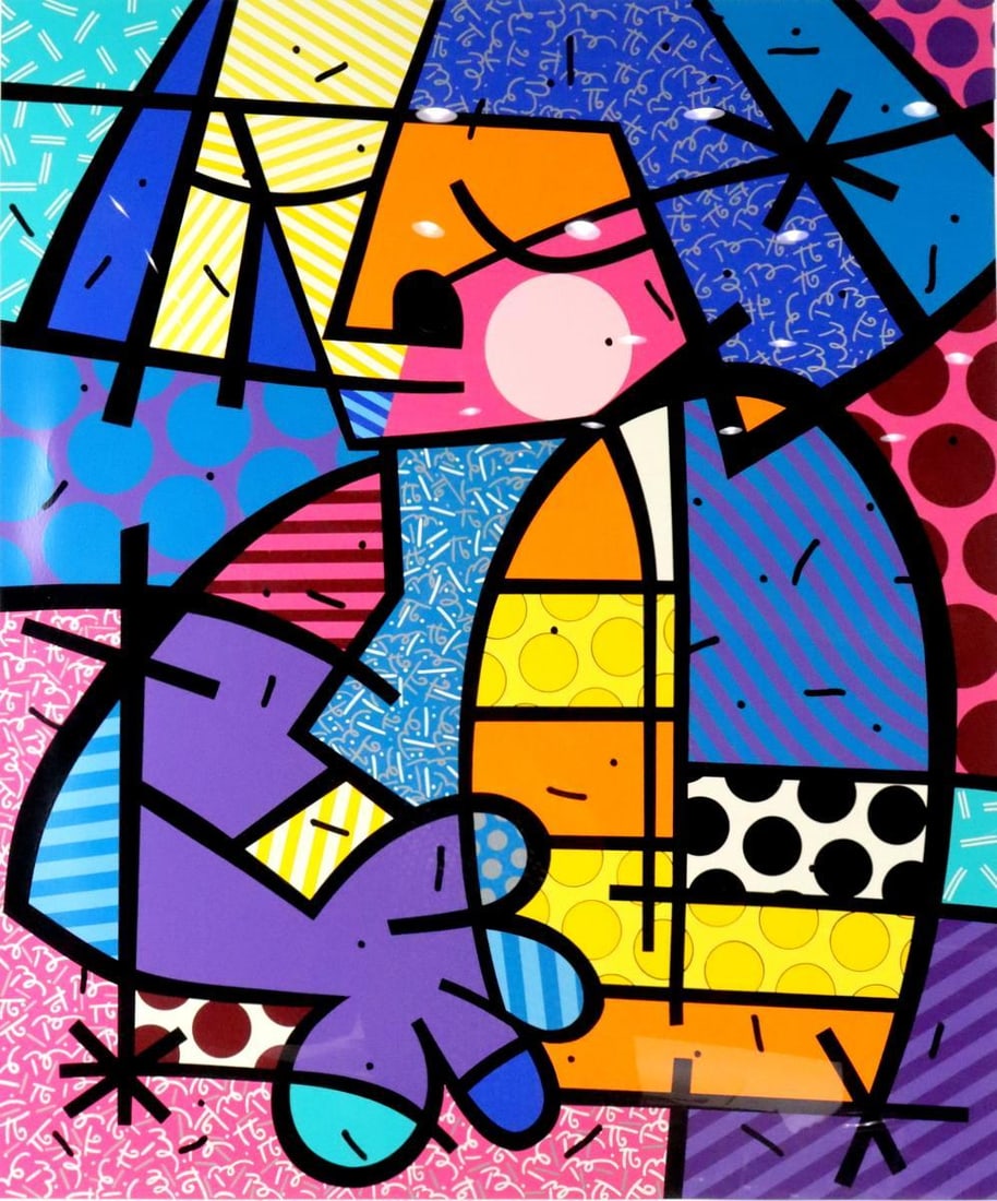 Romero Britto "Jennifer" Print: Romero Britto (Brazilian, b. 1963) Serigraph/Lithograph, Artist's Proof (A.P.) 1999 Image: 35.5" H x 30" W Frame: 51" H x 45" W Serigraph/lithograph, designated A.P. (Artist's 