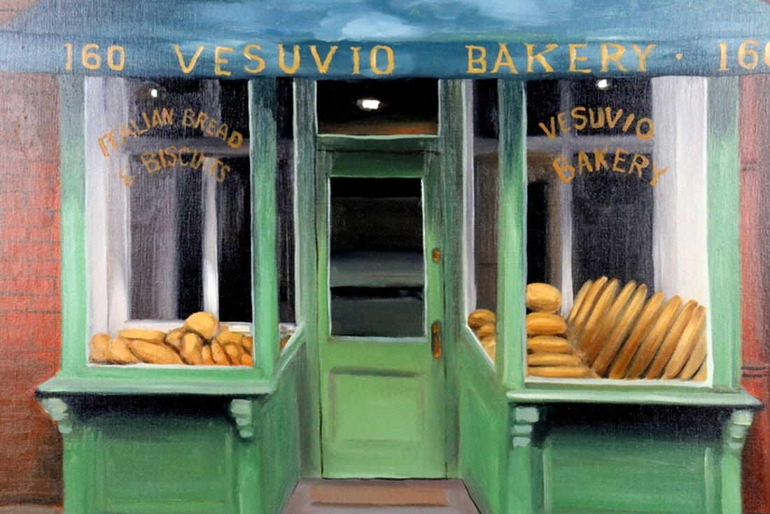 Robert White "Vesuvio Bakery" Oil Painting on Canvas: Robert White "Vesuvio Bakery" Oil on canvas, signed lower right 28" H x 31 1/2" W Detailing a beloved and long-standing New York bakery front. Includes a Certificate of Authenticity fr