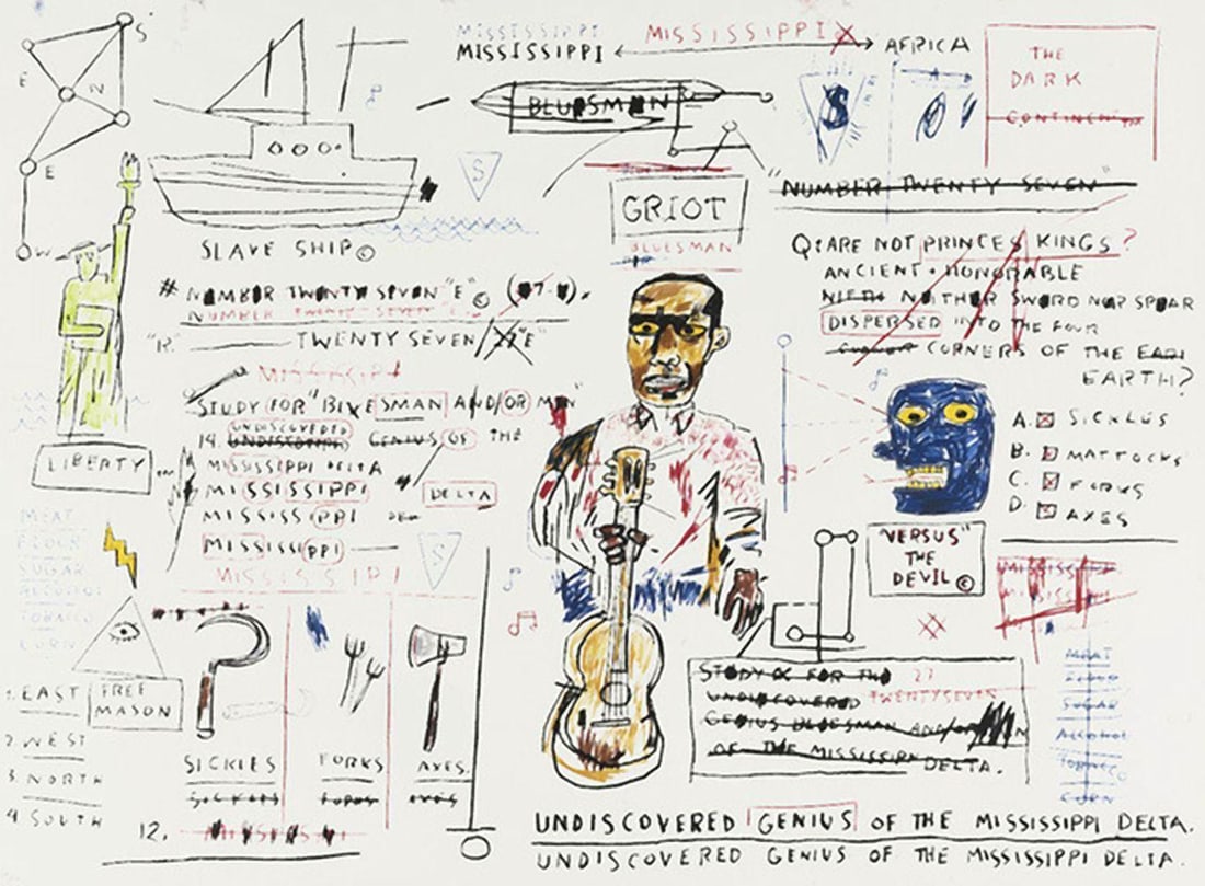 After Jean-Michel Basquiat "Undiscovered Genius" Screenprint on Paper: After Jean-Michel Basquiat (American, 1960–1988) "Undiscovered Genius" Sheet: 22 1/4" H x 29 7/8" W Frame: 34" H x 42" W Screenprint on paper, stamped and signed by Lisan